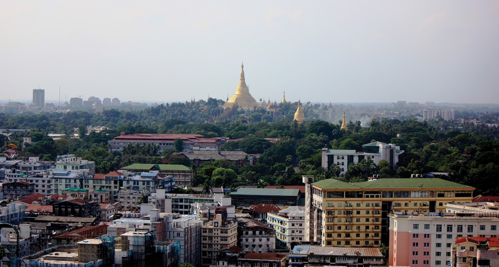 clockwise from top: shwedagon paya looks over yangon; other pagodas in yangon, mandalay, inle lake and bagan.
