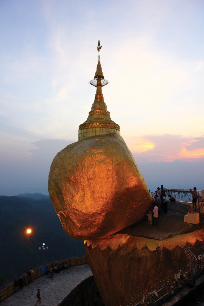 the precariously perched golden rock at kyaiktiyo a popular buddhist pilgrimage site.