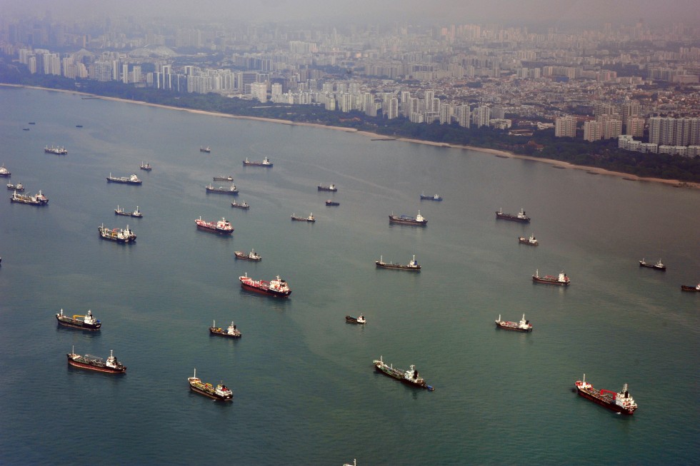 Cargo ships in the bay.