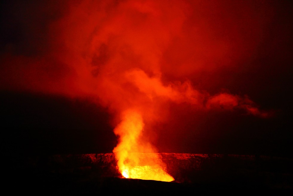 Green sand beach, sunset cove, dew around lava filaments, Kilauea Volcano by night, and Jaggar Museum, Big Island.
