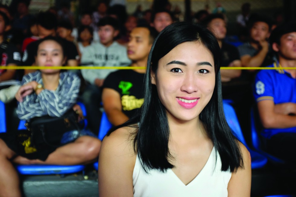 Naamtran Sopapan at Rajadamnern Stadium. Naamtran is one of the most accomplished female muay thai fighters in Thailand.