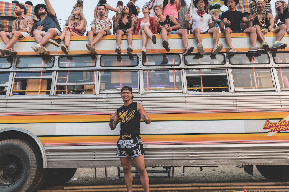 Muay Thai boxer Buakaw at Wonderfruit for a Molam Bus workshop.