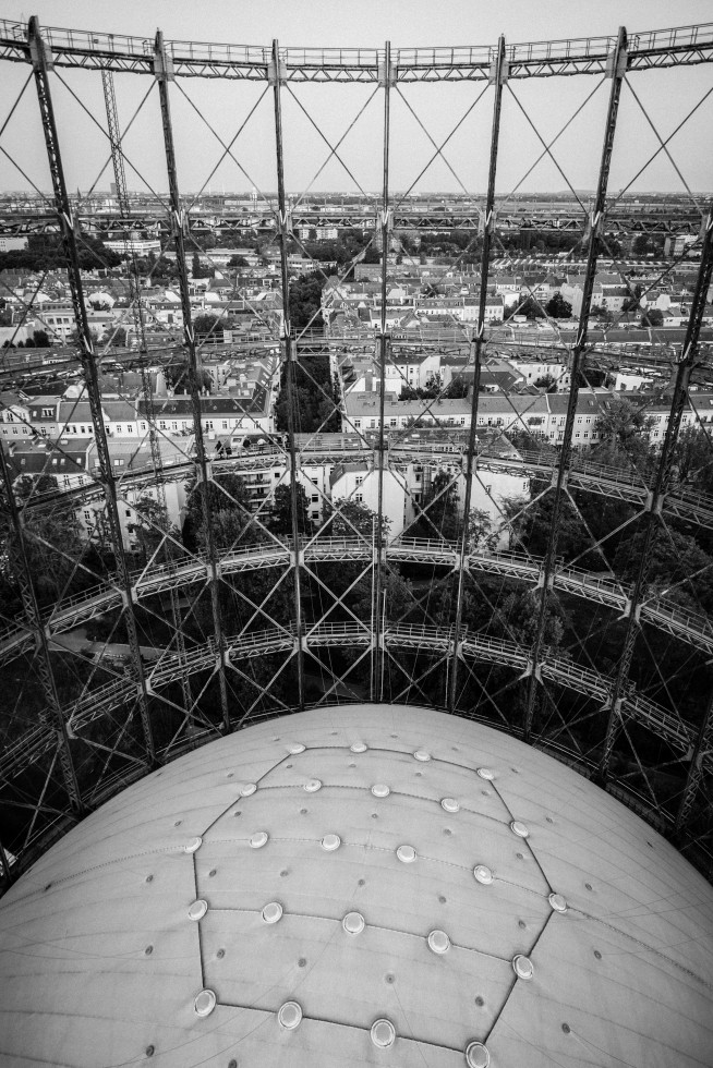 Gasometer, Schöneberg. With a diameter of 60 metres and a height of 80 metres, capable of holding 160,000 cubic metres of gas, this was one of Europe’s biggest gasworks when construction finished in 1910. It has long stood unused, but is likely to be turned into an office park soon.