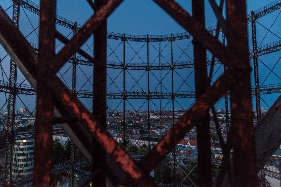 Gasometer, Schöneberg. With a diameter of 60 metres and a height of 80 metres, capable of holding 160,000 cubic metres of gas, this was one of Europe’s biggest gasworks when construction finished in 1910. It has long stood unused, but is likely to be turned into an office park soon.