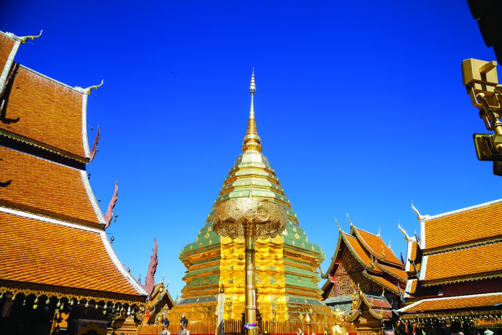 Central chedi at Wat Phra That Doi Suthep, built in 1383 at an elevation of over 1,000 metres and one of Thailand’s most famous pilgrimage sites. It offers a great aerial view over Chiang Mai.