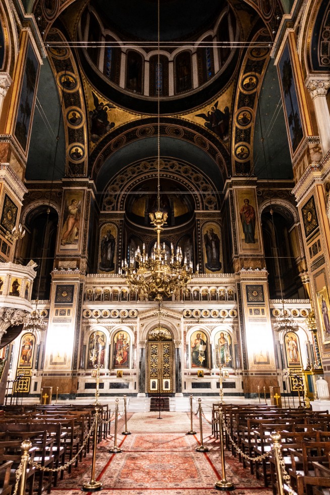 Exterior and interior of the Metropolitan Church in Mitropoleos Square.