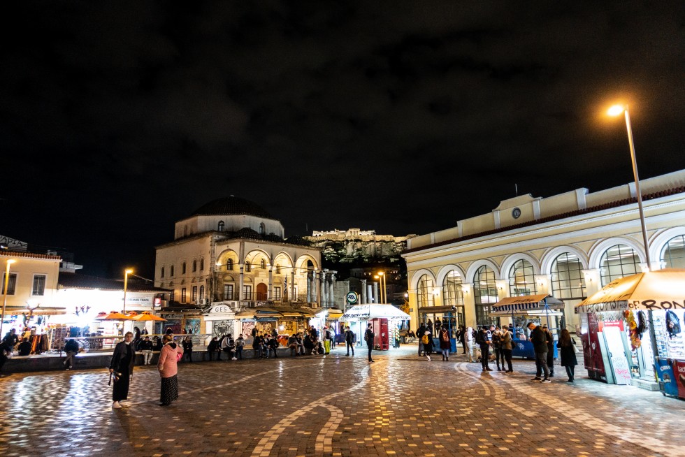 The central hub of Monstiraki, overlooked by the Acropolis, normally filled with throngs of tourists and young party-goers, was more austere on this occasion.