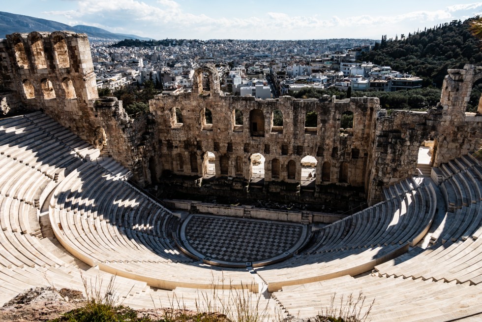 Constructed in 161 AD, the Odeon of Herodes Atticus, shown from above and behind, is still used for concerts and performances.