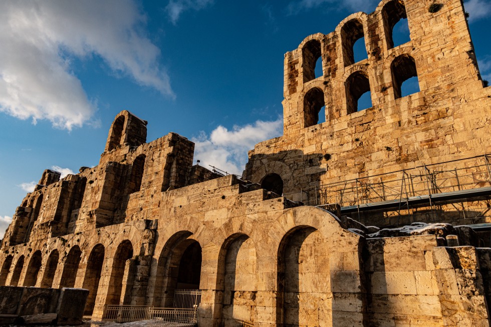 Constructed in 161 AD, the Odeon of Herodes Atticus, shown from above and behind, is still used for concerts and performances.