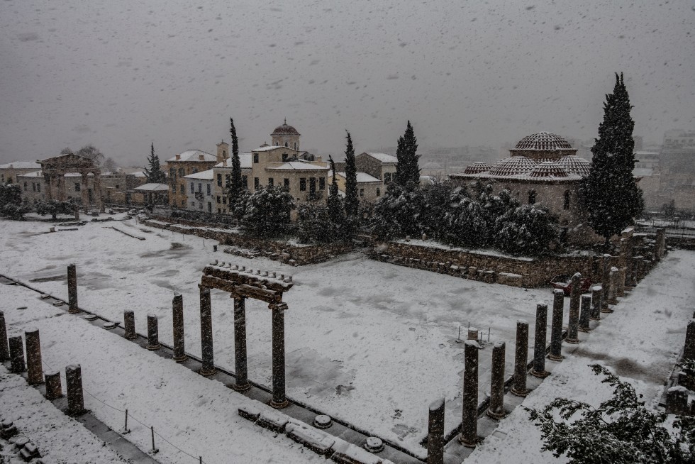 Classical ruins in the snow.