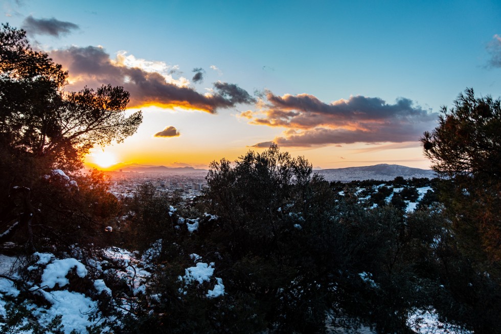 The sea to the south on a sunny day, and the view to the east after snowfall.