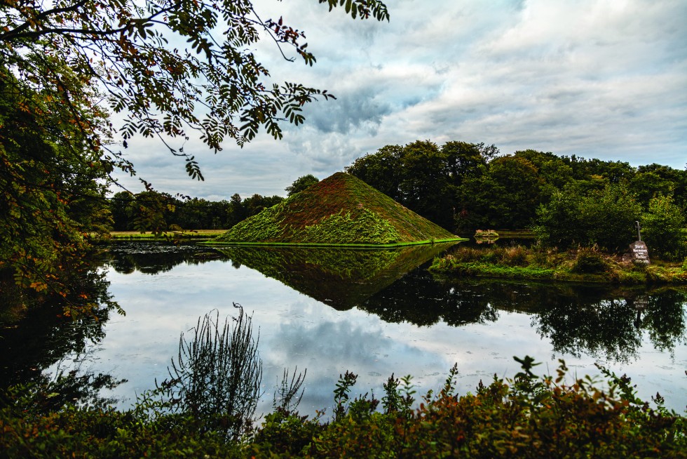 Pyramids reflected in the park in Cottbus resemble floating diamonds.