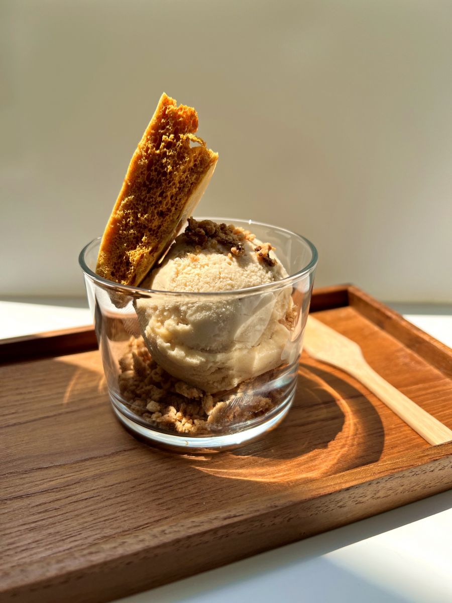 Manuka Gelato with Gingernut Biscuit Crumbs and Hokey Pokey